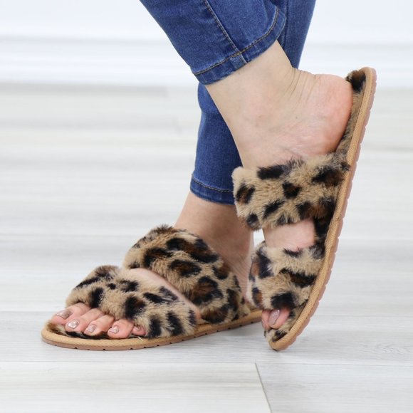 Leopard Tan Puff Fuzzy Fluffy Slip On Plush Slippers Double Strap - Picture 11 of 16